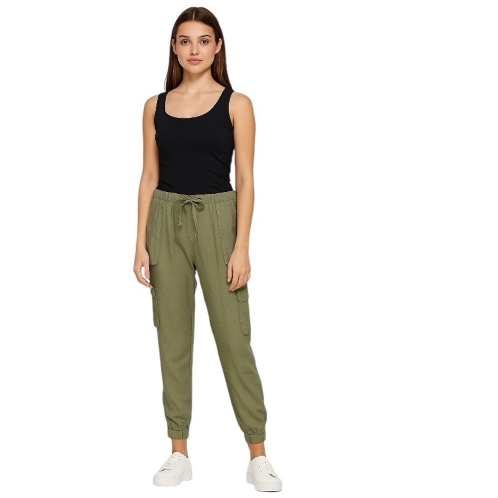 Nicole Miller Olive Green Lagenlook Linen Pull On Cargo Jogger Pants Size L